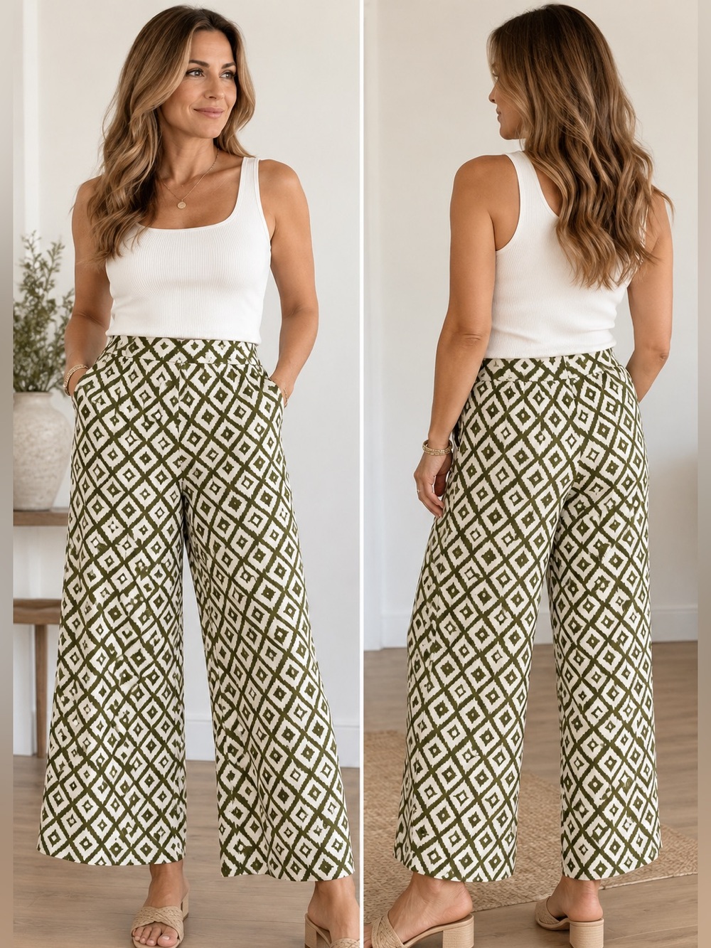 Tahari Olive and Cream Diamond-Print Wide Leg Pants